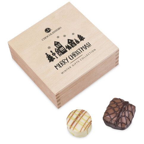 4 pralines in een kistje voor kerst